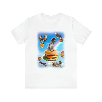 white wirehaired pointing griffon hamburger cheese French fried rainbows clouds bridge women men t-shirt unisex short sleeve shirt
