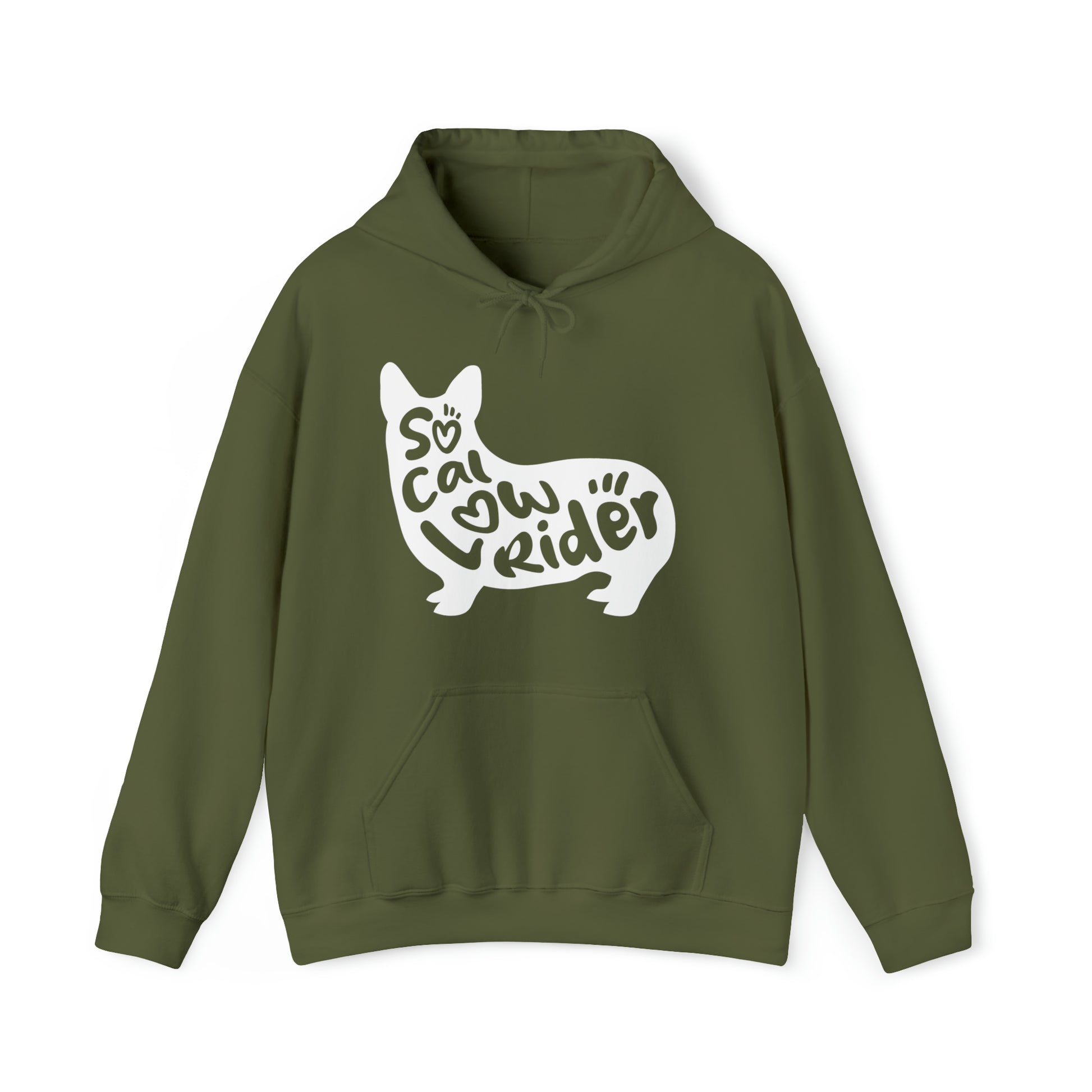green olive army SoCal LowRider Southern California corgi dog hoodie sweatshirt