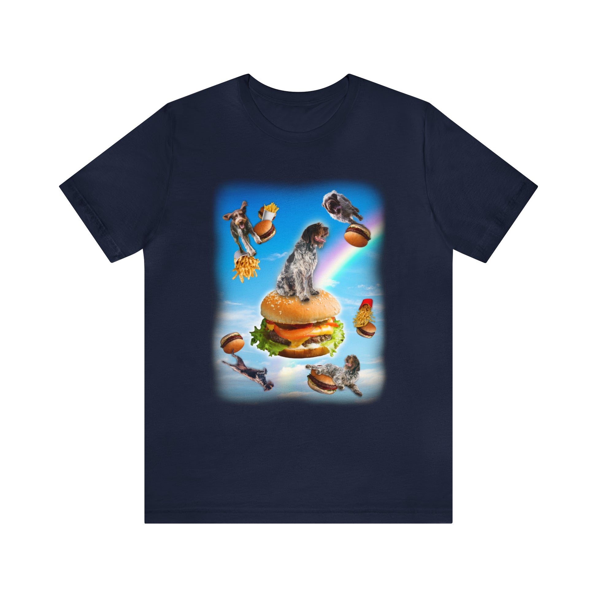 navy dark blue wirehaired pointing griffon hamburger cheese French fried rainbows clouds bridge women men t-shirt unisex short sleeve shirt
