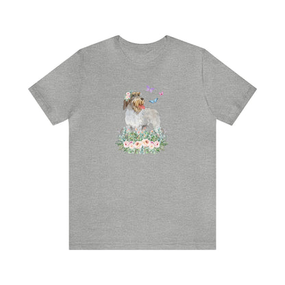 gray Wirehaired Pointing Griffon in flower rose meadow with butterflies dog lover gift women men t-shirt unisex short sleeve shirt