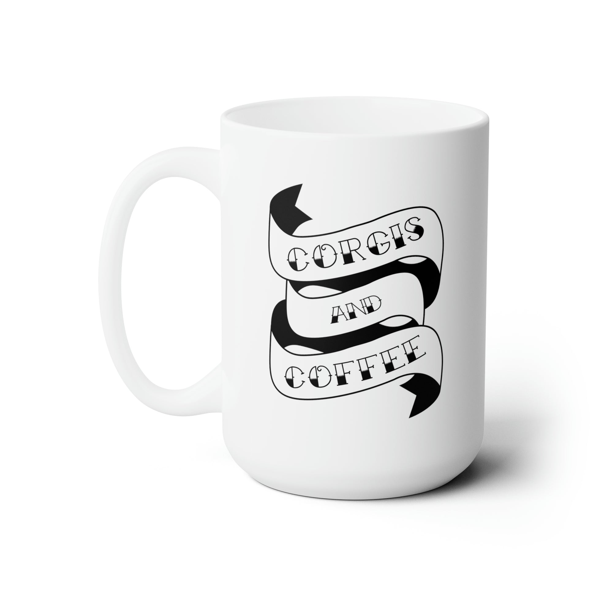 corgis & coffee mug and ceramic cup side view