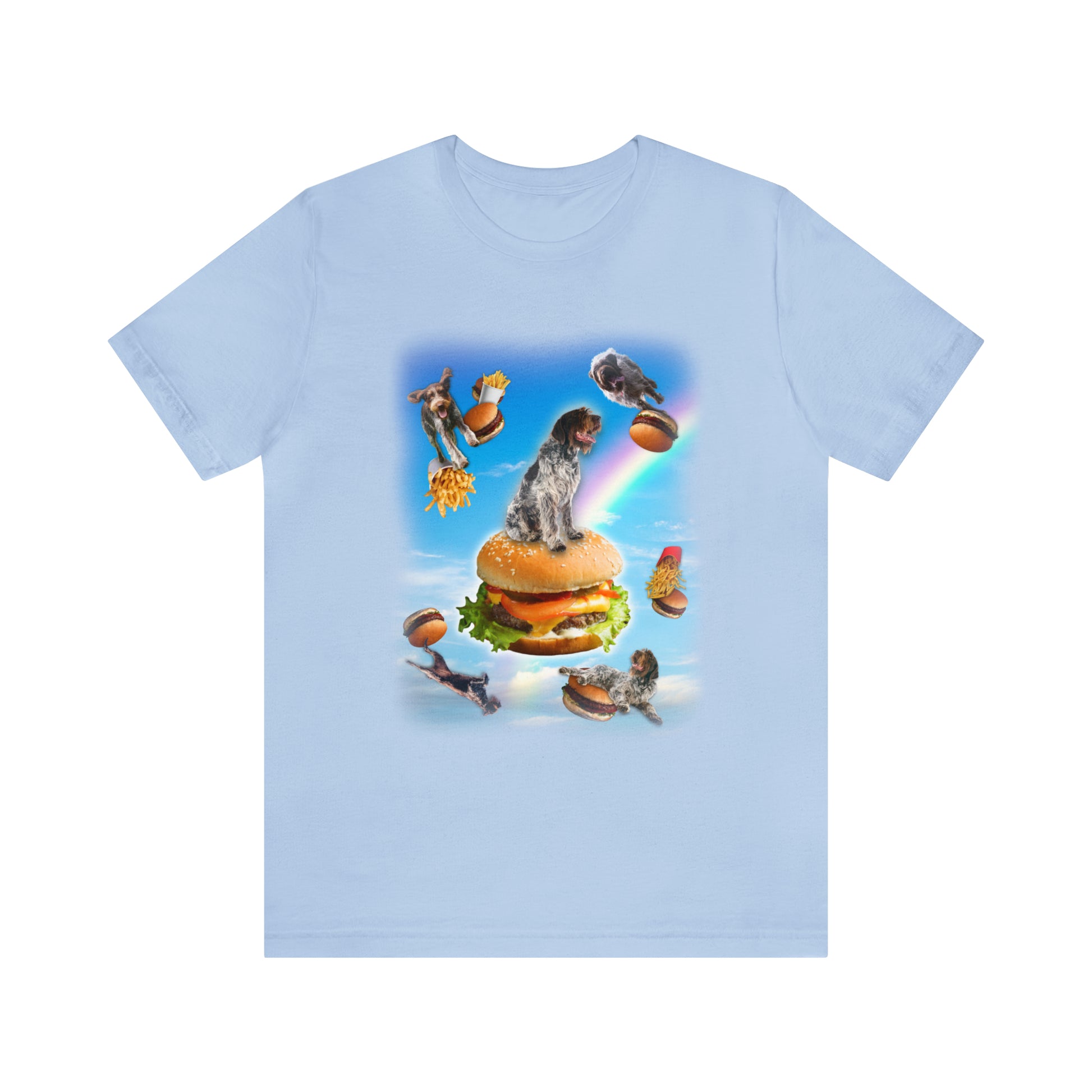 light sky blue wirehaired pointing griffon hamburger cheese French fried rainbows clouds bridge women men t-shirt unisex short sleeve shirt