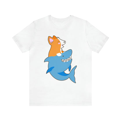 white corgi dog shark fish woman man t-shirt unisex short sleeve shirt