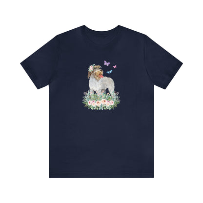 navy blue Wirehaired Pointing Griffon in flower rose meadow with butterflies dog lover gift women men t-shirt unisex short sleeve shirt