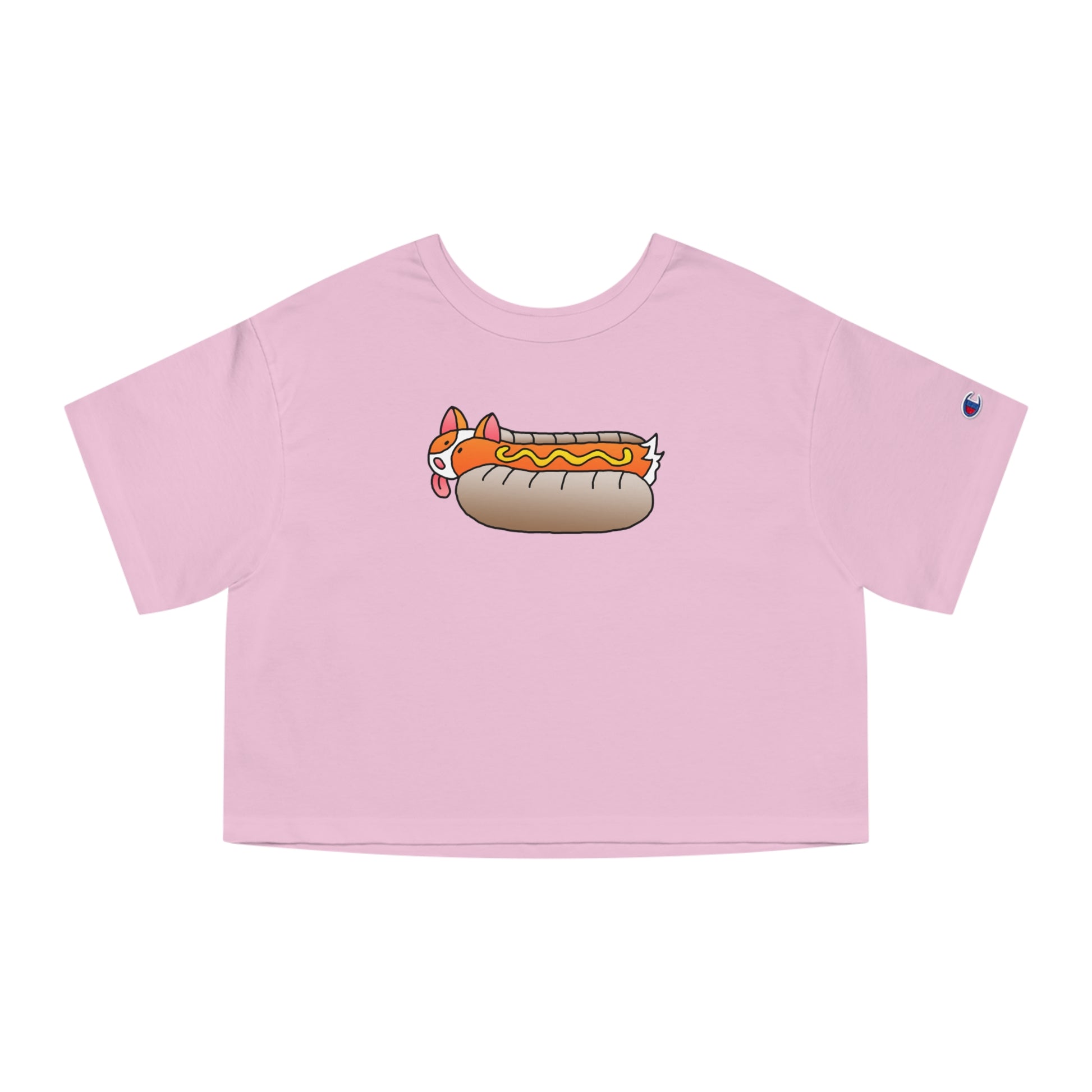 Pink Front ShoBeaRo logo women's cropped t-shirt corgi hot dog I saved a life short sleeve Champion shirt