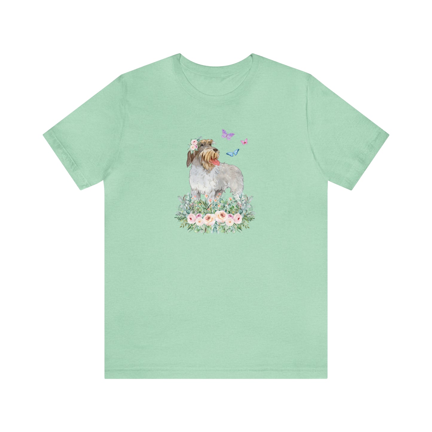 green mint Wirehaired Pointing Griffon in flower rose meadow with butterflies dog lover gift women men t-shirt unisex short sleeve shirt
