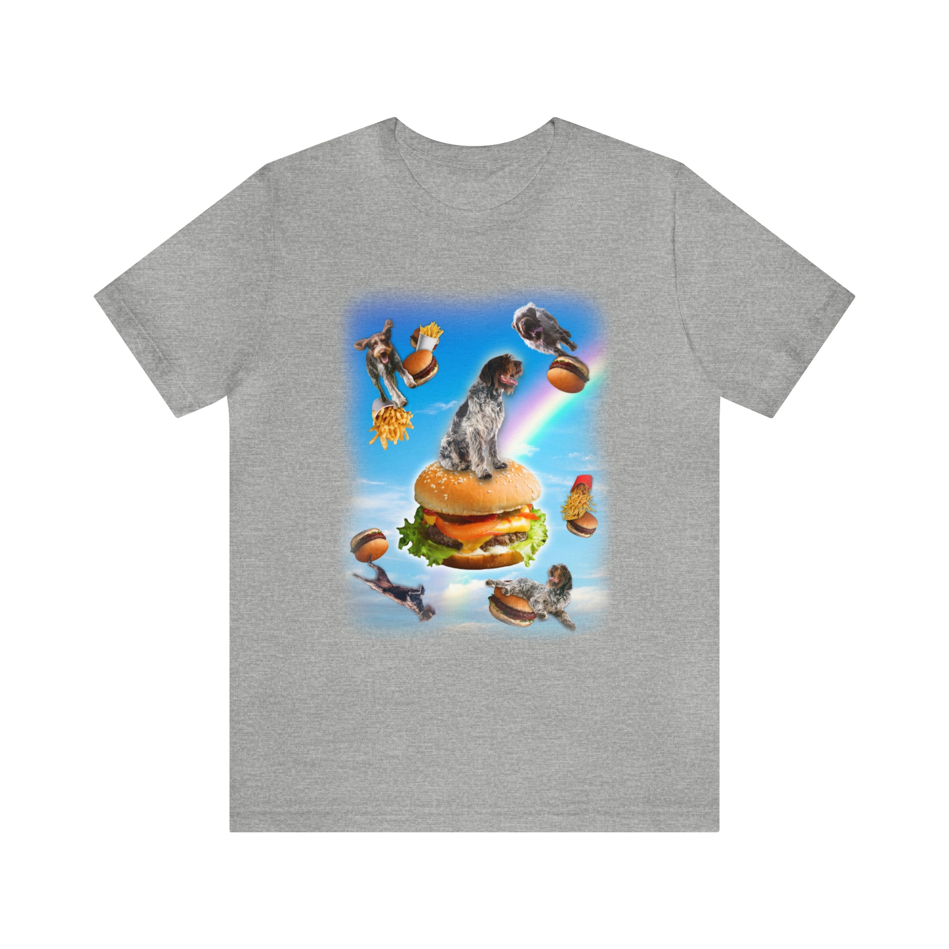 gray wirehaired pointing griffon hamburger cheese French fried rainbows clouds bridge women men t-shirt unisex short sleeve shirt