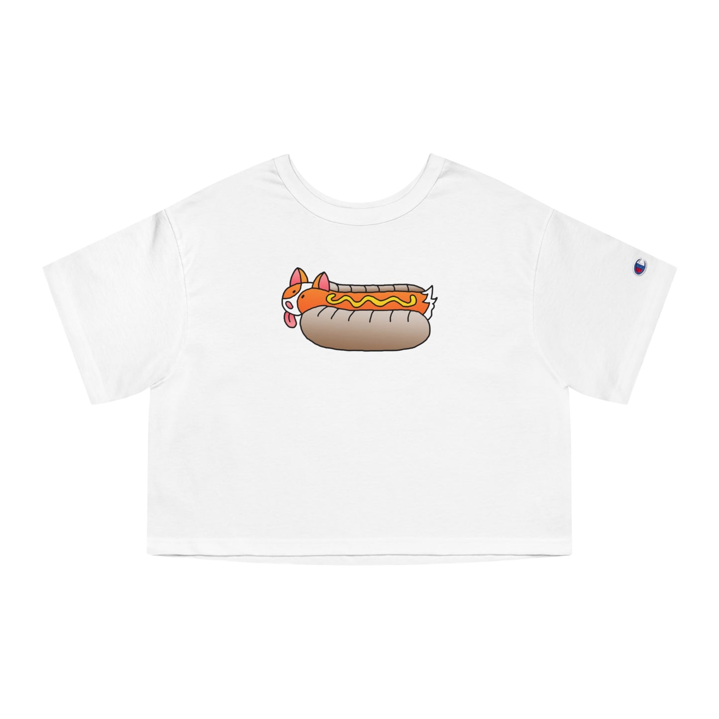 White Front ShoBeaRo logo women's cropped t-shirt corgi hot dog I saved a life short sleeve Champion shirt