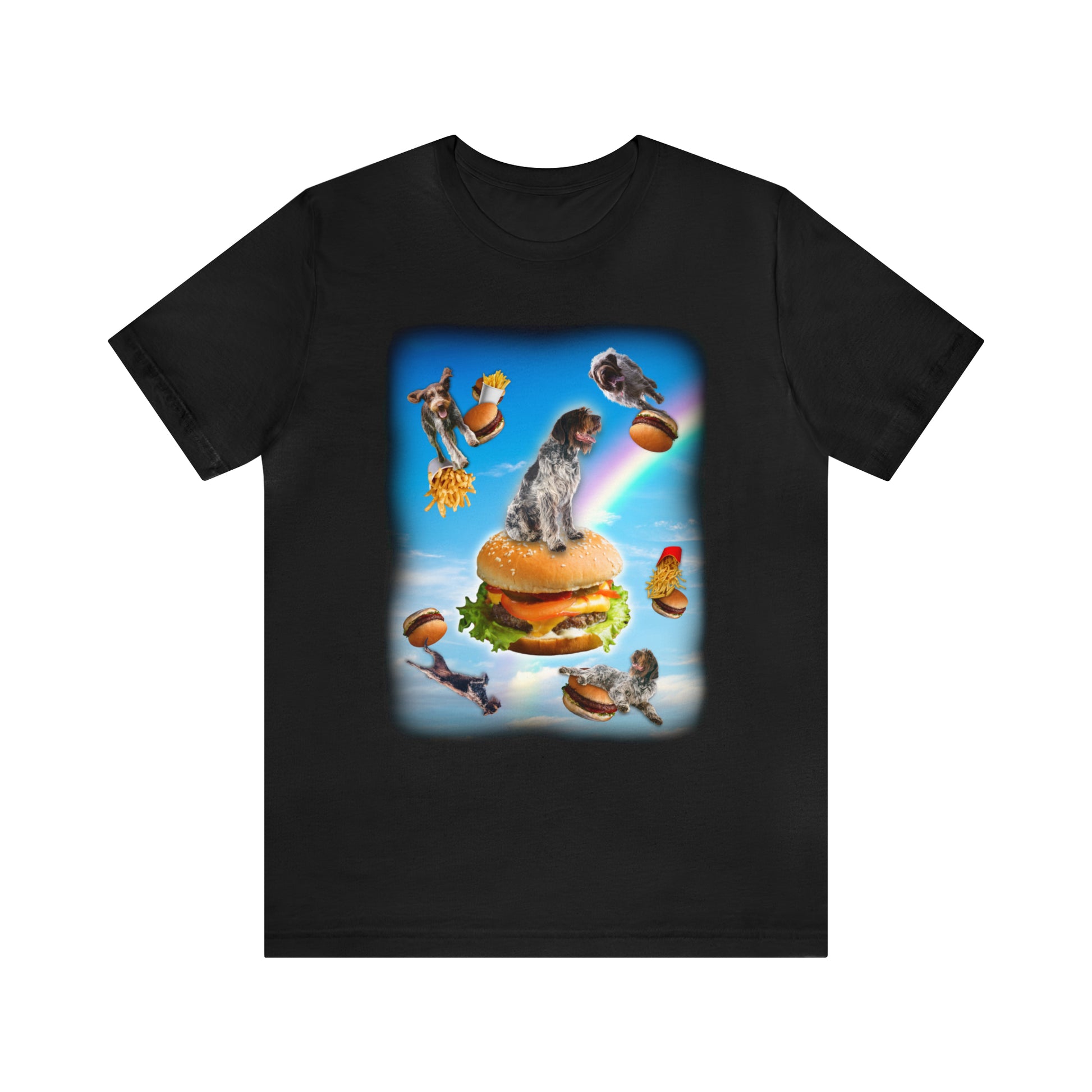 black wirehaired pointing griffon hamburger cheese French fried rainbows clouds bridge women men t-shirt unisex short sleeve shirt