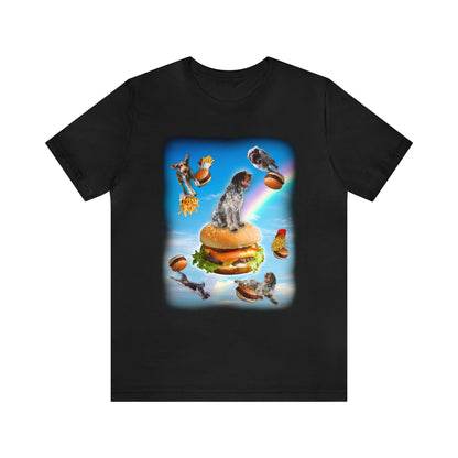 black wirehaired pointing griffon hamburger cheese French fried rainbows clouds bridge women men t-shirt unisex short sleeve shirt