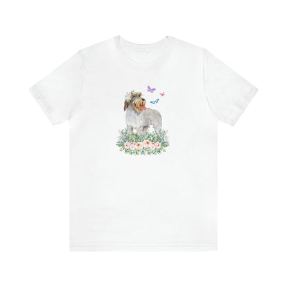 white Wirehaired Pointing Griffon in flower rose meadow with butterflies dog lover gift women men t-shirt unisex short sleeve shirt