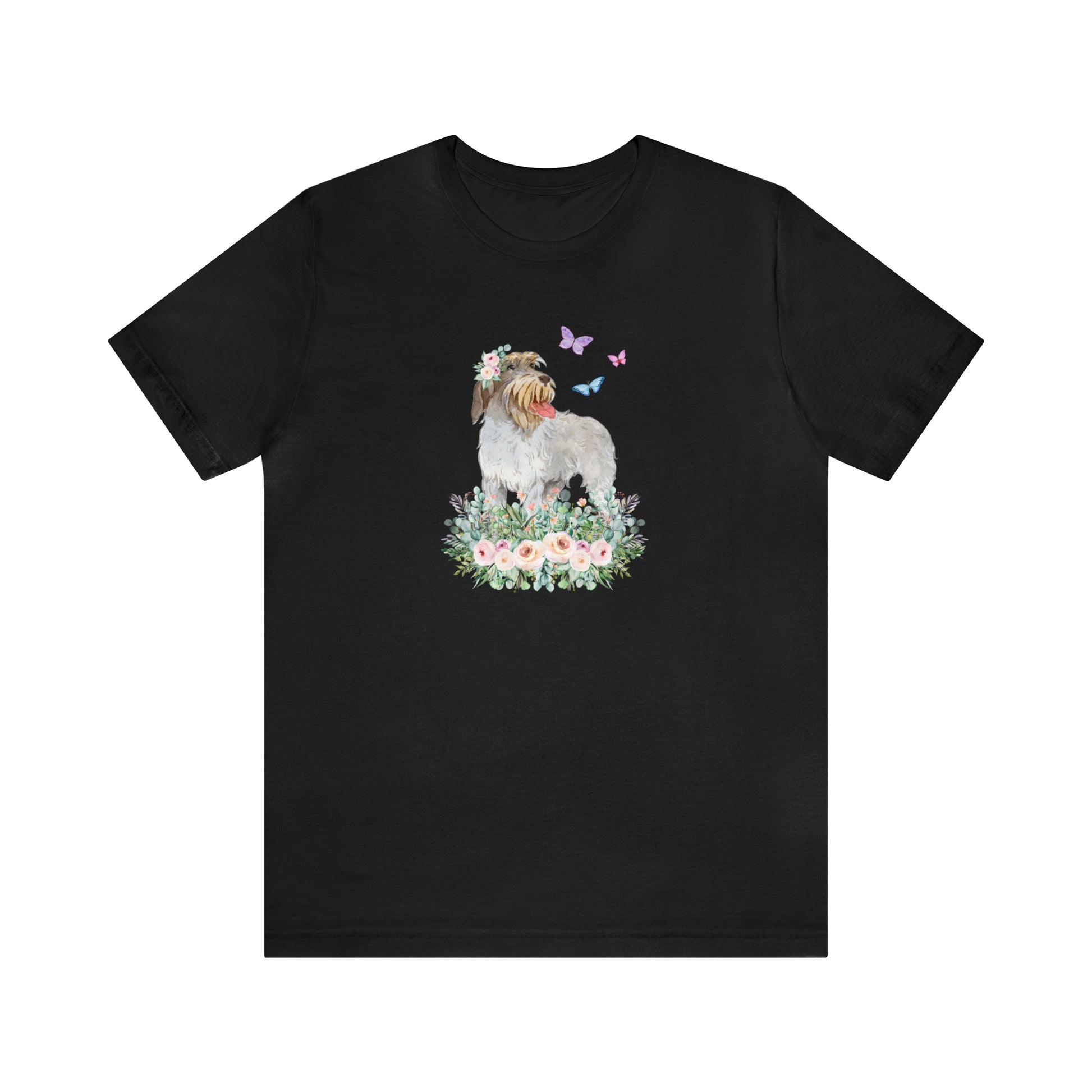 black Wirehaired Pointing Griffon in flower rose meadow with butterflies dog lover gift women men t-shirt unisex short sleeve shirt