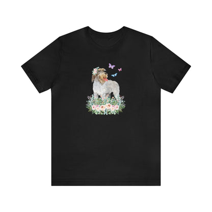 black Wirehaired Pointing Griffon in flower rose meadow with butterflies dog lover gift women men t-shirt unisex short sleeve shirt