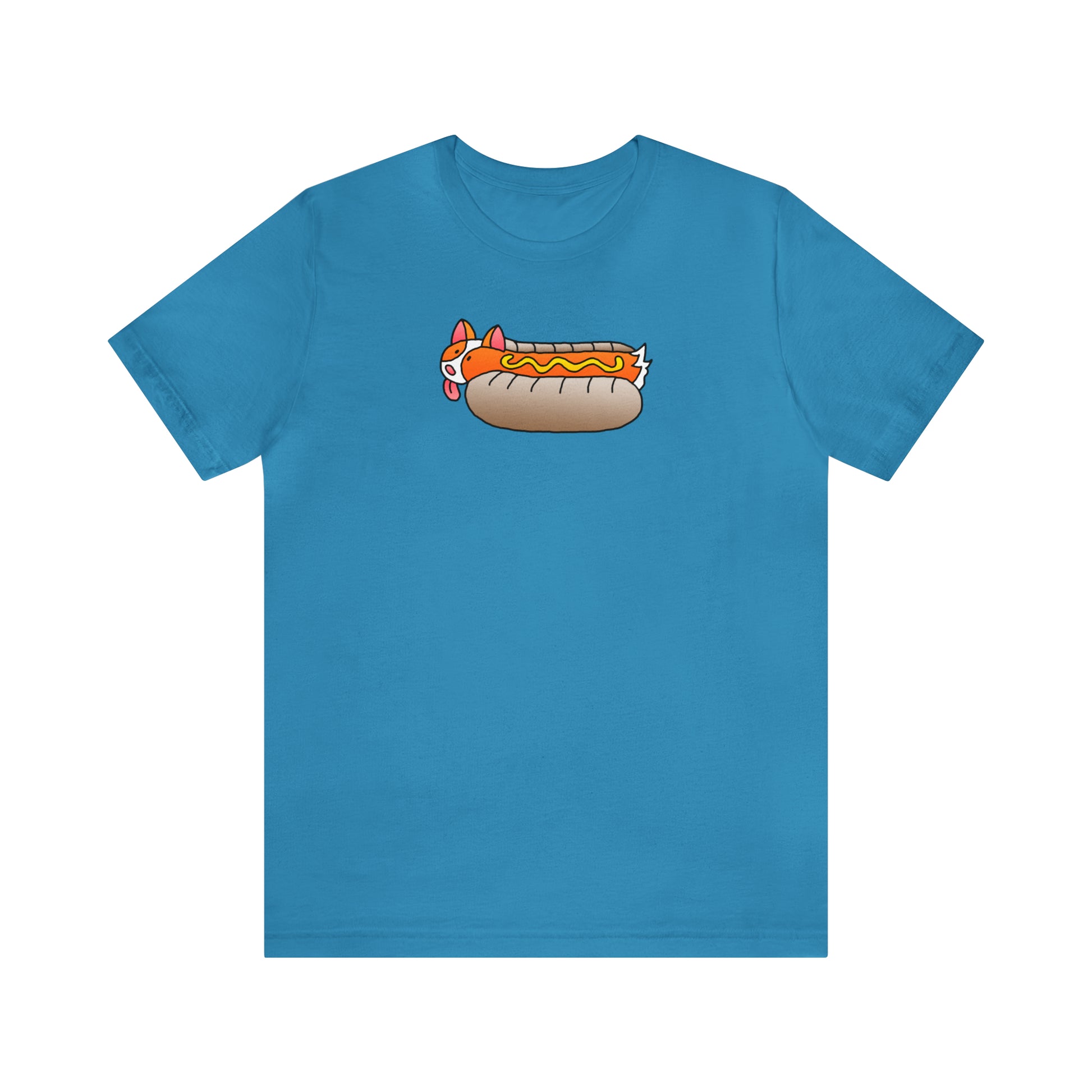 Aqua Bright Blue Teal Front ShoBeaRo logo unisex t-shirt short sleeve men women shirt corgi hot dog I saved a life