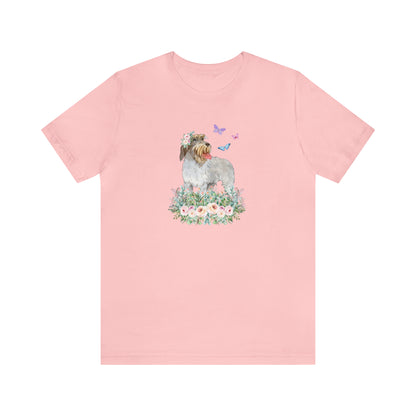 pink Wirehaired Pointing Griffon in flower rose meadow with butterflies dog lover gift women men t-shirt unisex short sleeve shirt