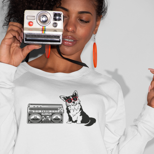 white corgi boom box music retro vintage 1980 80's dog lover gift women men sweatshirt sweater