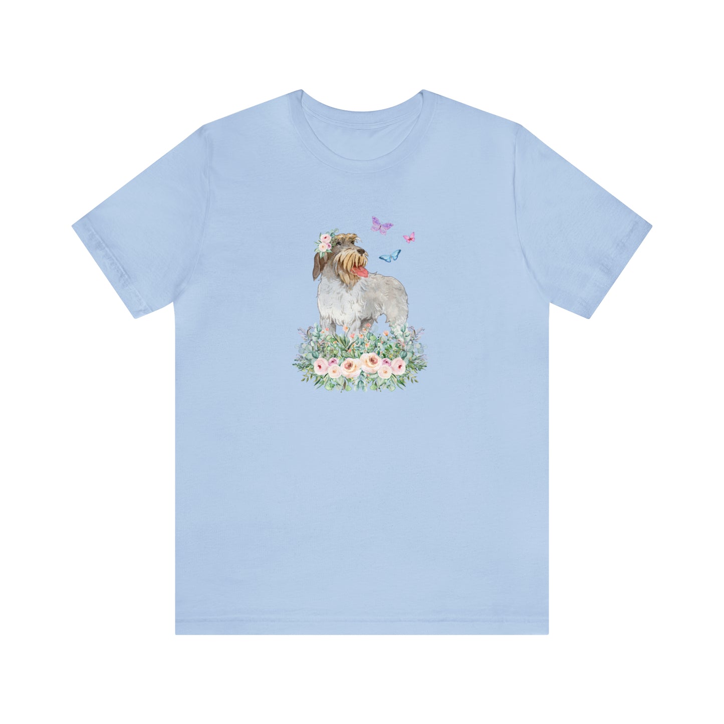 blue sky light Wirehaired Pointing Griffon in flower rose meadow with butterflies dog lover gift women men t-shirt unisex short sleeve shirt