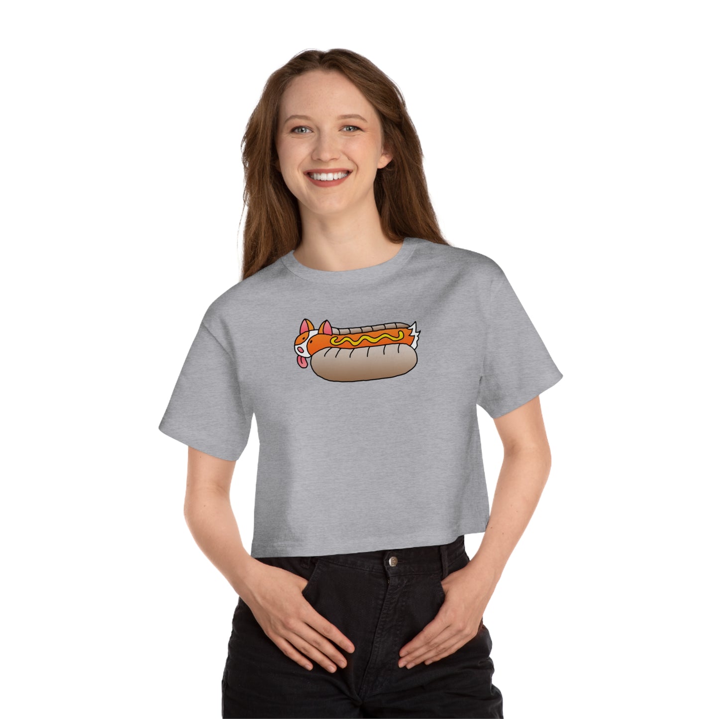 Gray Front ShoBeaRo logo women's cropped t-shirt corgi hot dog I saved a life short sleeve Champion shirt