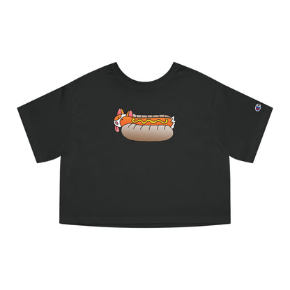Black Front ShoBeaRo logo women's cropped t-shirt corgi hot dog I saved a life short sleeve Champion shirt
