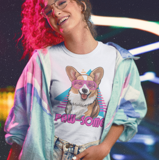 Corgi T-shirt Retro Vintage 80's PAW-some Women & Men