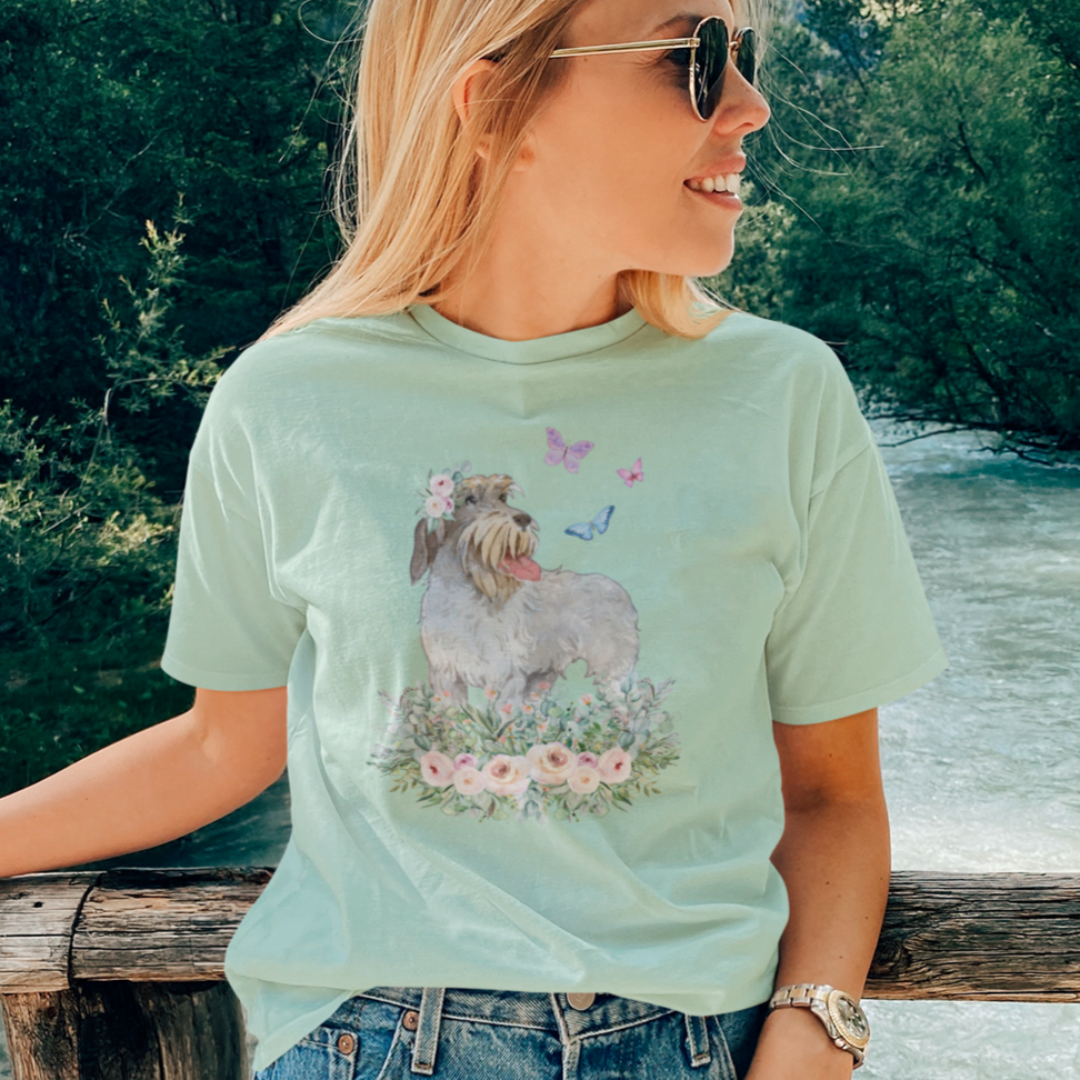 Wirehaired Pointing Griffon in flower rose meadow with butterflies dog lover gift women men t-shirt unisex short sleeve shirt