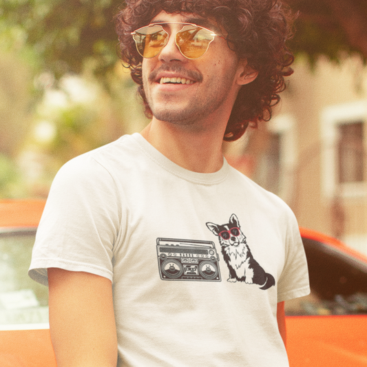 white corgi boom box music retro vintage 1980 80's dog lover gift women men t-shirt short sleeve shirt