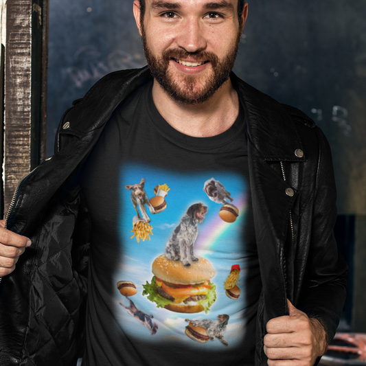 wirehaired pointing griffon hamburger cheese French fried rainbows clouds bridge women men t-shirt unisex short sleeve shirt